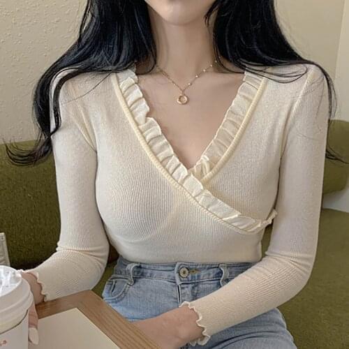 Korean Fashion V-Neck T-Shirts Slim Long Sleeve Lace Ruffles T Shirt Women Clothing Autumn New Thin Ladies Tops Tee Shirt Female