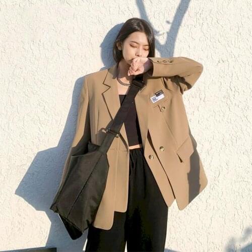 Fashion Brown Blazers Women 2021 New High Street Fake Two Pieces Suit Jackets Female Casual Long Sleeve Coat Spring Autumn Coats