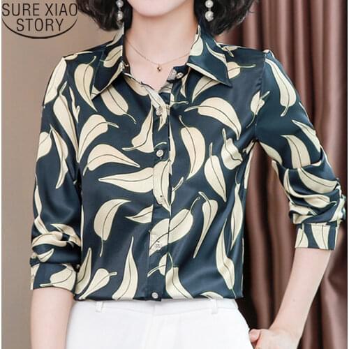 Fashion Long Sleeve Shirts Women Silk Shirt Autumn Plus Size S-4XL Blusas Mujer De Moda 2021 Leaves Print Blouses Clothes 10724