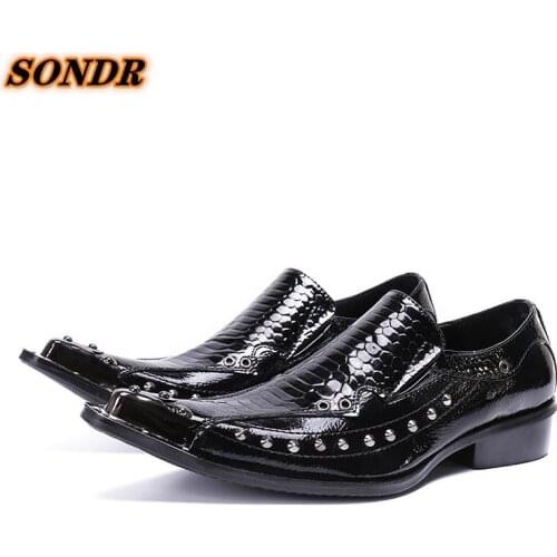 Mens Quality Genuine Leather Shoes Fashion Rivets Python Skin Iron Toe Casual Black Man Dress Formal Shoes Scarpe Da Uomo