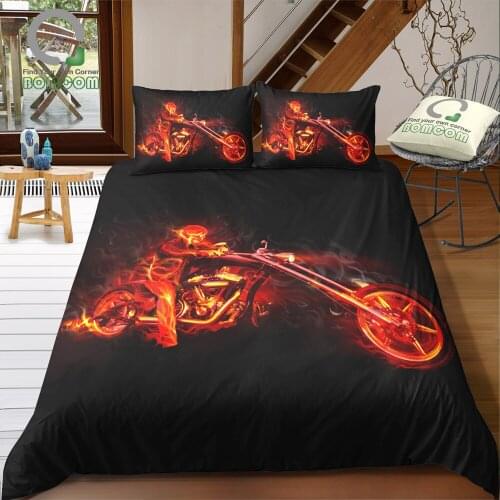 BOMCOM 3D Digital Printing Skull Bedding Set Fire Skull Hell Rider Hell Driver Queen King Size Duvet Cover Set 100% Microfiber