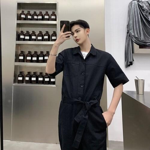 New Fashion Rompers Men Summer Short Sleeve Pockets Single Breasted Jumpsuits Hip-hop One-Piece Overalls Mens Wide Leg Pants