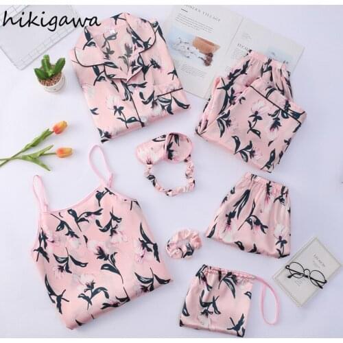 Hikigawa Pajamas for Women Summer Thin Sleepwear Suit Female Sexy Ice Silk Suit for Home Wear 7 Piece Set Pijamas De Mujer 97635