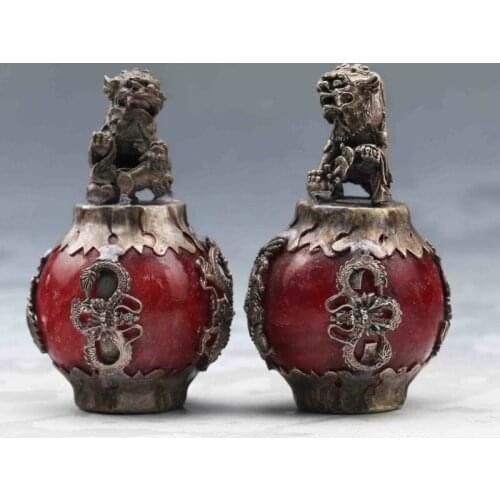 Collectable Chinese Jade setting Tibet Silver Carved Lion Exquisite Pair Statue