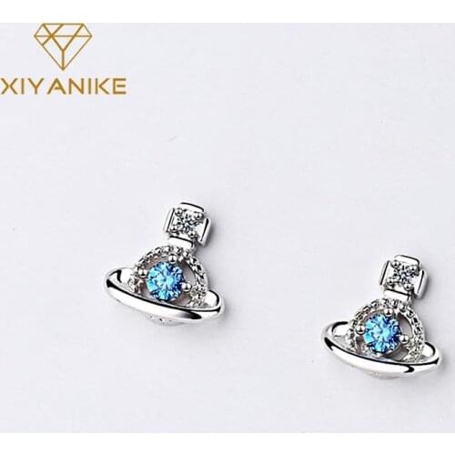 XIYANIKE 925 Sterling Silver Prevent Allergy Drop Earrings for Women Couple Trendy Elegant Blue Planet Pendant Zircon Jewelry
