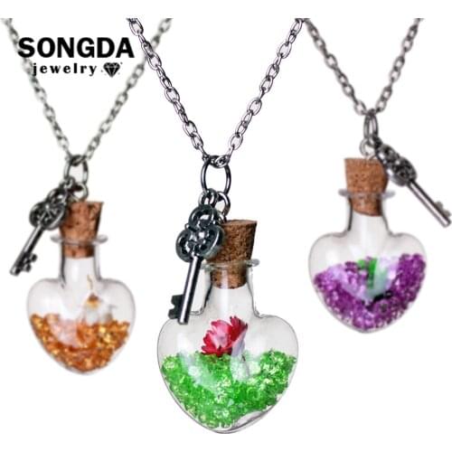 SONGDA Heart Shape Wishing Bottle Glass with Key Necklace Bottle Inside Dry Flower Lucky Crystal Stone Chain Pendant Necklace