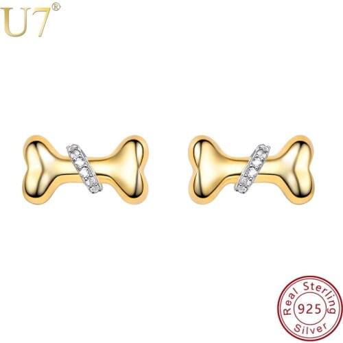 U7 925 Sterling Silver Dog Bone Stud Earrings Brincos for Women Girls Simple Small Tiny Bones Cute Earring Jewelry Bijoux SC168