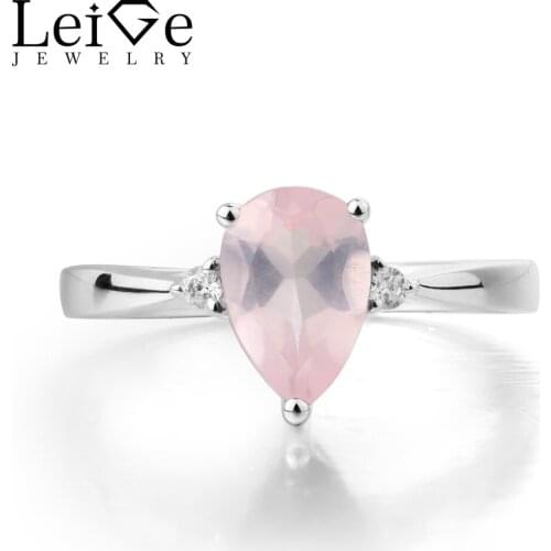 Leige Jewelry Engagement Ring Natural Pink Quartz Ring Pear Cut Pink Gemstone Real 925 Sterling Silver Romantic Gifts for Women