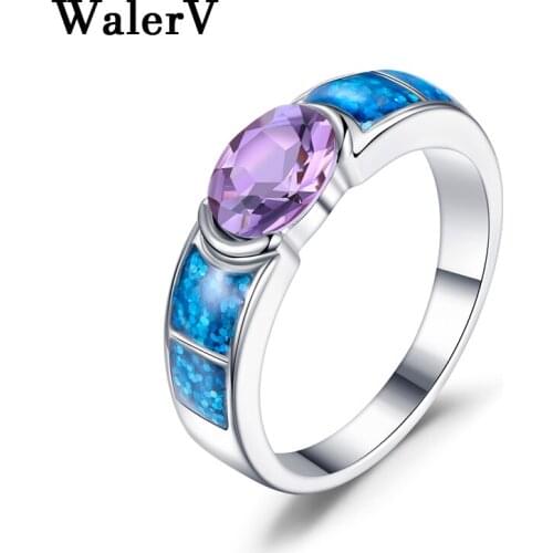 WalerV Color High Quality Imitation Blue Opal Stone Ring For Womens Set Fashion Oval Purple Crystal Wedding Rings Gifts
