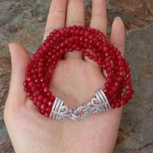 YYGEM 8'' 7 Strands 4mm Faceted Round Red Jade Bracelet Cz Clasp