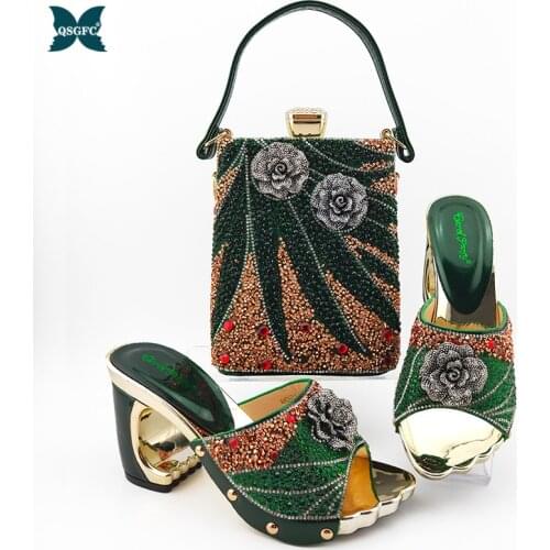 Green Color Matching Women Shoe and Bags Set Decorated with Rhinestone African Shoe and Bag Set for Party In Women Italy Shoes