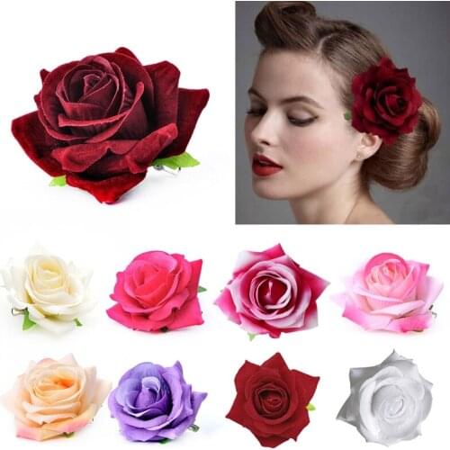 Women Velvet Cloth Rose Hair Clip Simulation Artificial Flower Corsage Brooch Pin Wedding Party Flamenco Dancer Hair Accessories