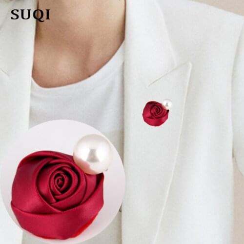 Fashion brooch Pin for Womens Handmade Vintage silk ribbon Brooches Jewelry Imitation pearl Rose Flowers Brooch Pins Decoration