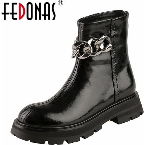 FEDONAS Back Zipper Women Ankle Boots Newest Metal Chain Genuine Leather Round Toe Thick Heels Autumn Winter Casual Shoes Woman