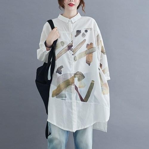 Oversized Women Cotton Linen Casual Shirts New Arrival 2021 Spring Simple Style Patchwork Print Loose Female Long Tops S3569