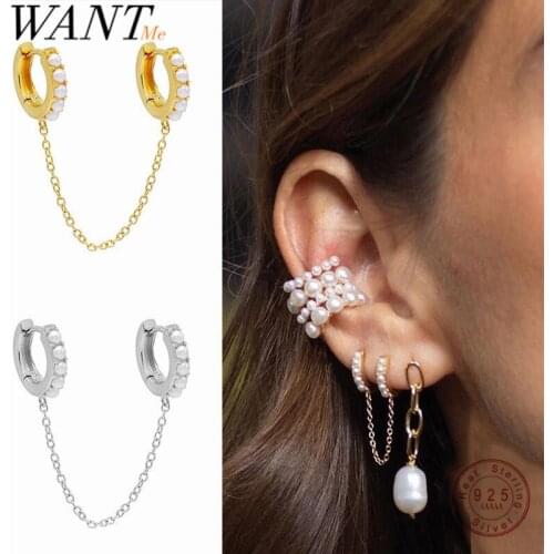 WANTME New Real 925 Sterling Silver Fashion Pave Pearl Cuban Link Chain Tassel Stud Earrings for Women DIY Jewelry Accessories