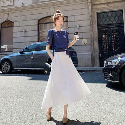 Gentle wind fake two-piece dress 2021 new skirt women summer slim temperament French platycodon grandiflorum long dress