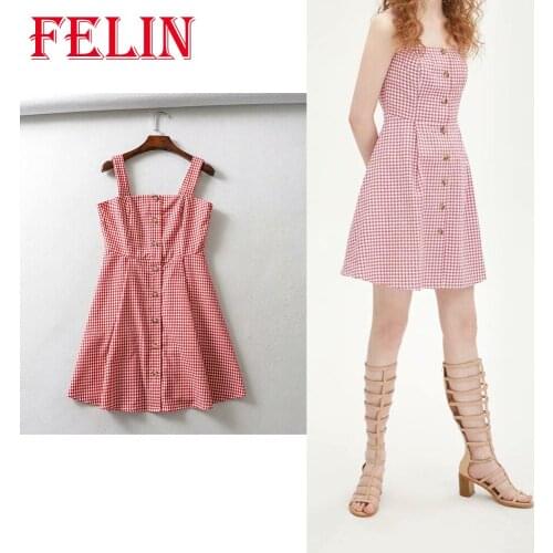 FELIN Za Vintage Plaid Printing Backless Dress Women Summer Fashion 2021 Mini Dress Sleeveless A-Line Chic Mujer Vestidos