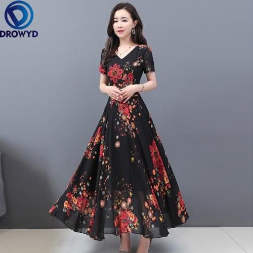 2021 New Summer Beach Vacation Floor-length Elegant Temperament Floral Chiffon Dress Vintage Maxi Dress Sexy V-Neck Party Dress