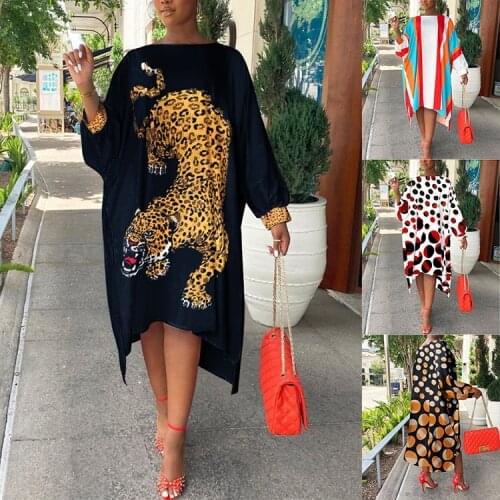 Vintage Plus Size Summer Clothes Long Sleeve Leopard Strips Polka Dots Dress Women