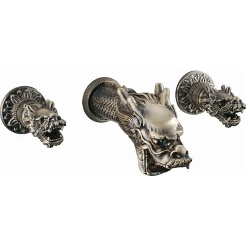 Free ship Antique brass dragon Design 3 Holes widespread bathroom Lavatory sink Faucet wall mounted two handles