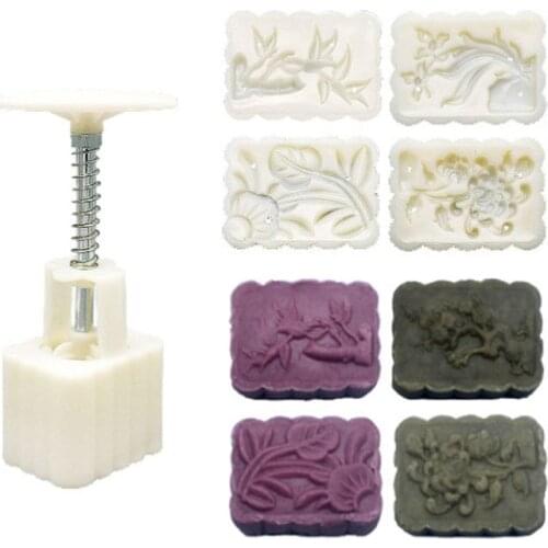 Bean Mooncake Mold with 4pcs Square Flowers Stamps Hand Press Moon Cake Pastry Mould DIY Bakeware Mid-autumn Festival