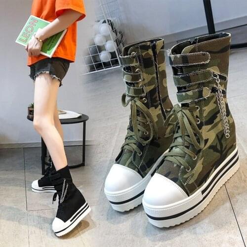 2020 Female New Autumn British Wind Leisure canvas Thick With Short Boots Internal increase Motorcycle Boots women shoes 35-39