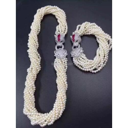 10rows freshwater pearl near round necklace bracelet 4-5mm nature beads wholesale 19inch leopard clasp FPPJ