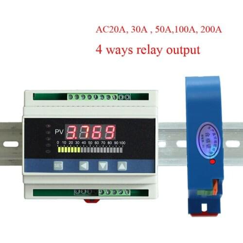 AC0-20A,30A,50A,100A,200A din digital ampere meter with alarm 4 ways relay output with Perforated din ampere sensor