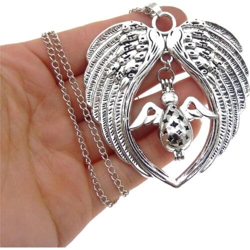 GraceAngie Angel Wings Hollow Wishes Photo Locket box Heart Chain Necklace Photo Frame Vintage Silver Color Pendant Women