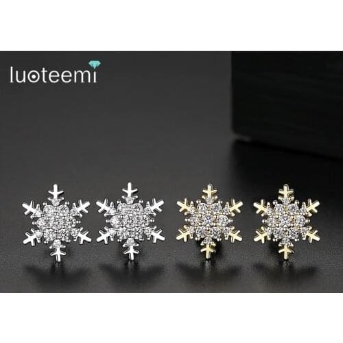 LUOTEEMI Exquisite Small Snowflake CZ Flower Earrings for Women Girls Bridal Wedding Dating Double Color Fashion Jewelry Brincos