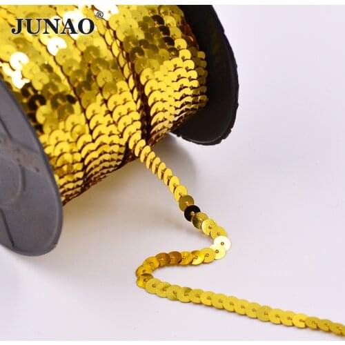 JUNAO 6mm Sewing Sequins Paillette Trim Flat Round Sequins in Roll For Clothes Crafts 15 Color 100 Yard for Needlework