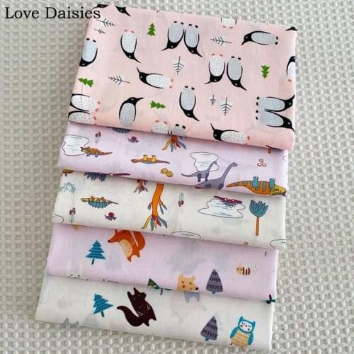 Cartoon PINK Pale Beige Penguim Dinosaur Fox Owl Pine Tree 100%Cotton Twill fabric For DIY Kids Sheet Patchwork Quilting Clothes