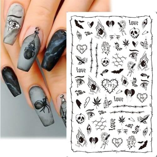 Black Snake Skull Halloween Nail Sticker 3D Spider Eyes Clown Poker Abstract Face Tears Decoration Design Nail Art Slider NLF793