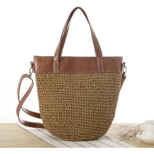 The new simple solid color woven bag Shoulder Messenger portable three travel vacation beach handbags College wind braided bag