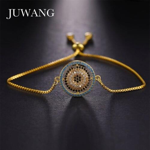 JUWANG New Fashion DIY Bracelet Jewelry Cubic Zirconia Evil Eye Round Connector Charm Adjustable Chain Bracelets For Women Gifts