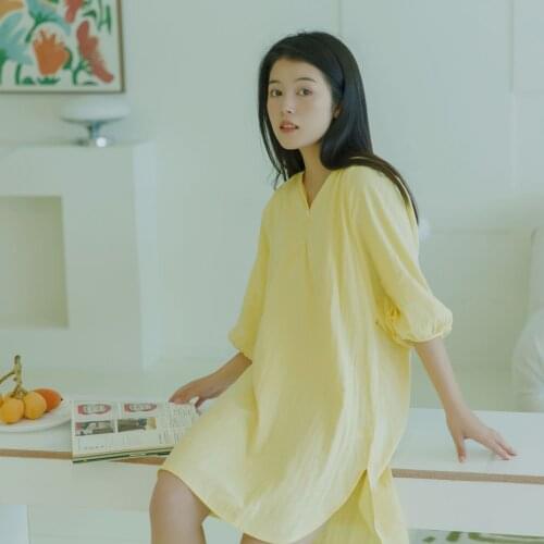 Solid Casual Simple Nightgown Womens Summer New V-Neck Sleepwear Loose Thin Cotton Nightwear Sweet Button Gown Split Home Wear