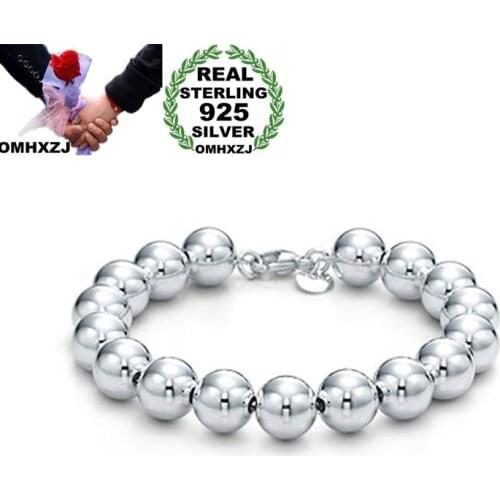 OMHXZJ Wholesale Personality Fashion OL Woman Girl Party Gift Silver 10mm Solid Beads Chain 925 Sterling Silver Bracelet BR05