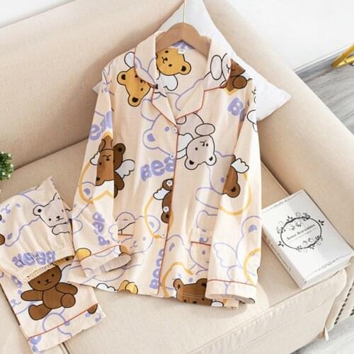 Bear Print 100% Cotton Pajamas Women Long Sleeve Homewear Suit 2021 Spring Autumn Two Piece Set Sleepwear Female Home Clothes