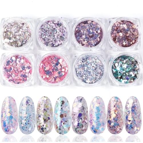 8pcs Nail Mermaid Glitter Sugar Dipping Powder Colorful Sequins Spangles Polish Manicure Nails Art Decorations Dust LY1506-08
