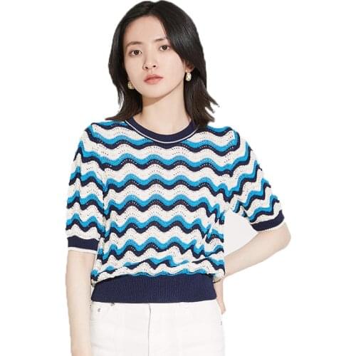 Pullover Womens Sweater Striped Knitted Sweater Short Sleeve Hollow Top Summer Casual Sweaters Women