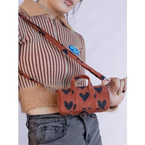Luxury Women Cute Brown Underarm Bag Designer Mini Round Shoulder Bags Heart Print Messenger Bag Vintage Corduroy Handbags Totes