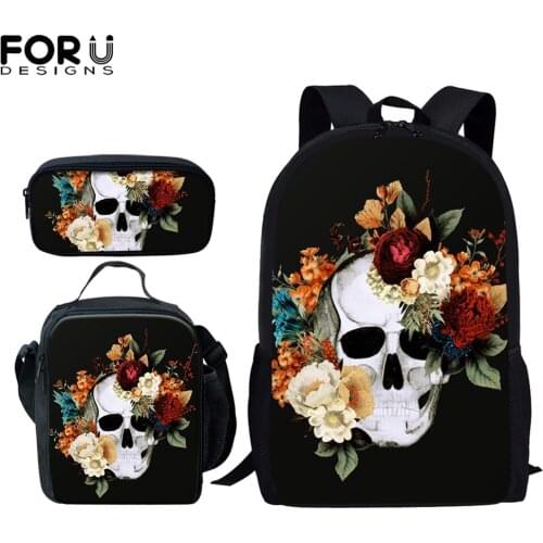 FORUDESIGNS New Arrival School Bags Gothic Skull With Flower Print 3pcs Set Primary Teens Daily Backpack Mochila Escolar