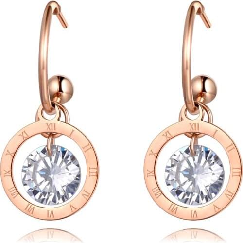 Rose Gold Stainless Steel Roman Numerals Party Earrings For Women Fashion CZ Crystal Vintage Earrings Jewelry E20066