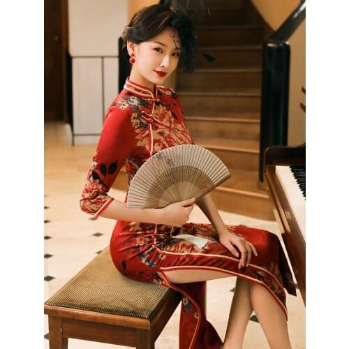 Silk Qipao Evening Dresses Red Print Cheongsam Dress Middle Sleeve Cheongsams Long Qipao Chinese Dress Oriental Dress