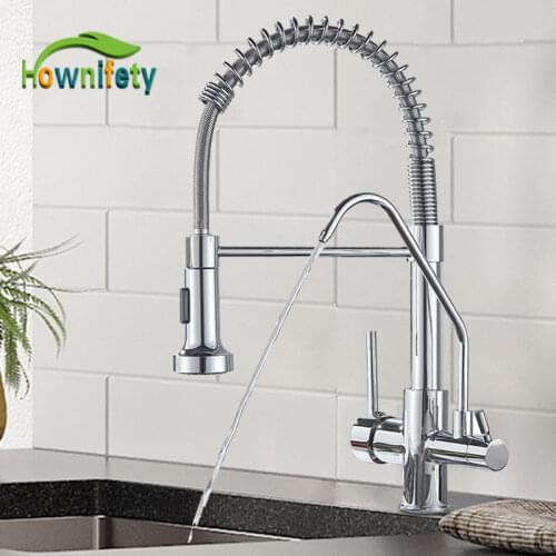 Chrome Filter Kitchen Faucet Dual Handle Purified Hot Cold Sink Tap 360 Free Rotation Spray Stream Spout Spring Faucet