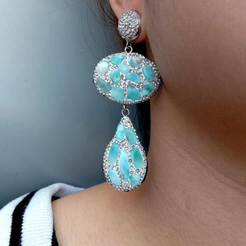 Y.YING Blue Larimar chips Silver Color Rhinestone Pave Oval Teardrop Dangle Stud Earrings