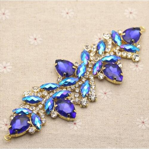 Blue red Crystal Strass long Rhinestone applique with connector buckle sew on rhinestone brooch For Bikini Bra dress decoration
