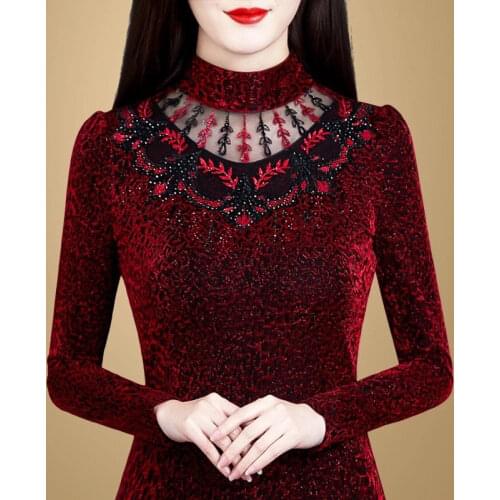 Sexy Hollow Lace Turtleneck Long Sleeve T-shirt Top Mesh Womens Clothing Pullover Autumn Winter Thick Warm Large Size 5XL Y761
