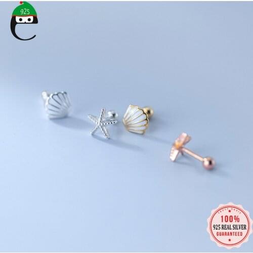ElfoPlataSi Real 925 Sterling Silver Fashion Asymmetric Shell Starfish Beads Screw Stud Earrings For Women Wedding Jewelry DD954